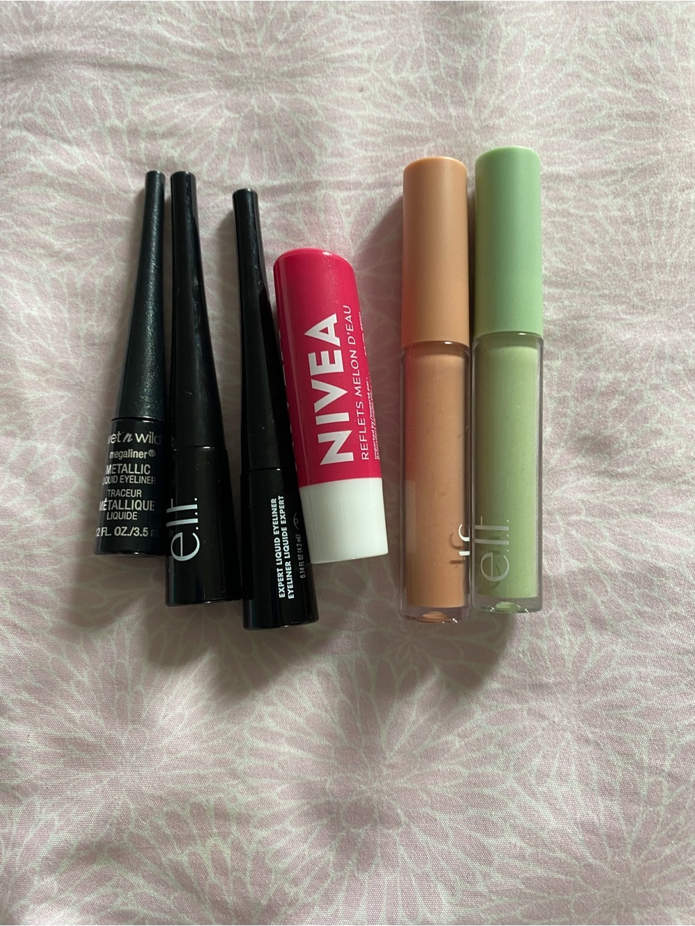 ELF Black Liquid Eyeliners with Peach and Light Green concealer